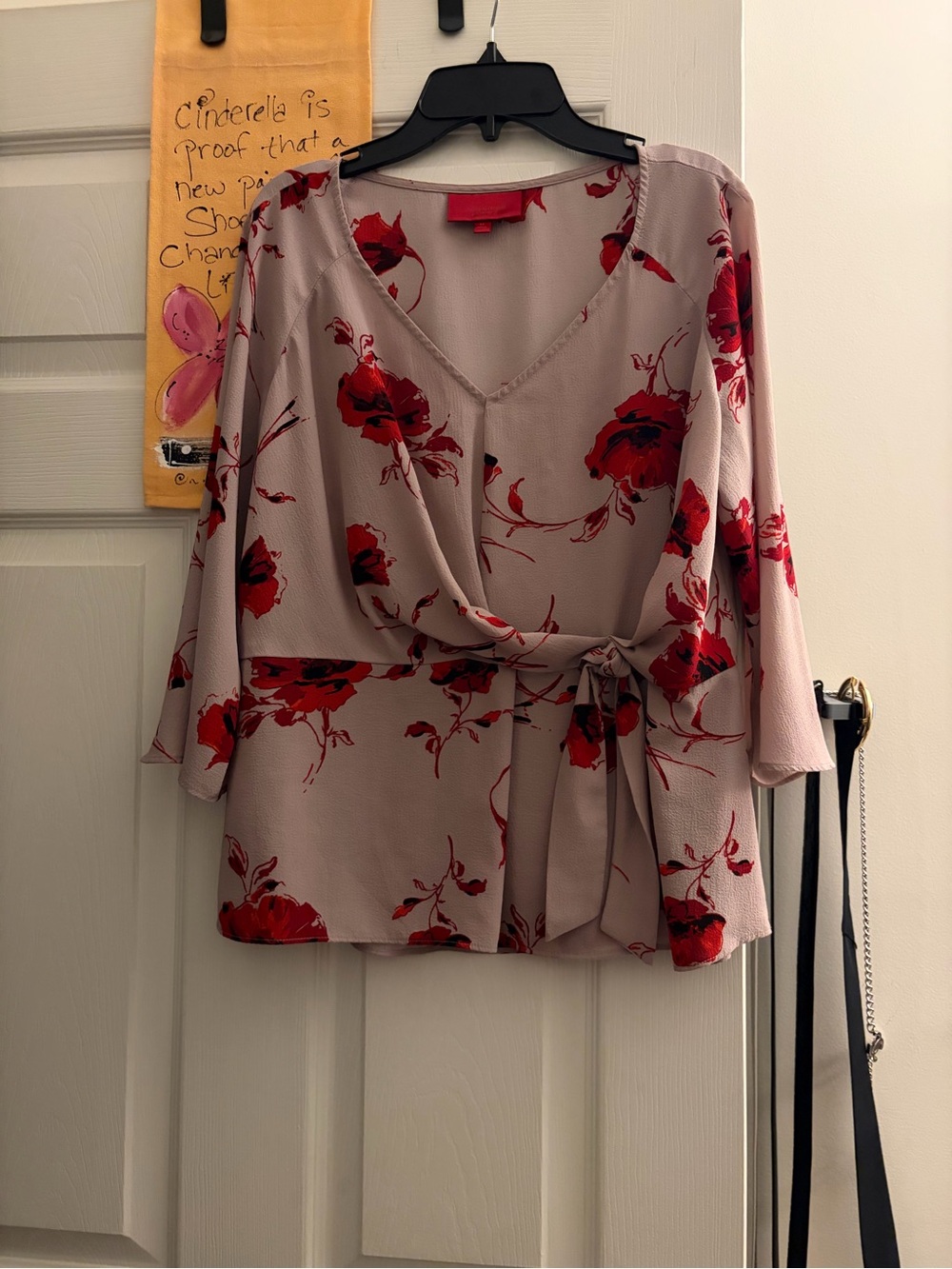 Jennifer Lopez Dusty Mauve Wrap Blouse with Red Floral Print